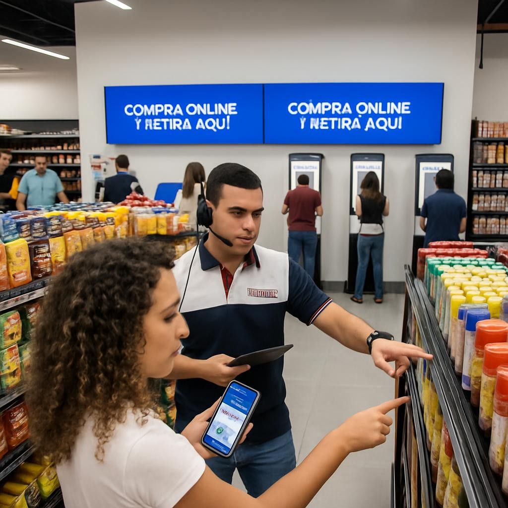 Customer and employee using online shopping app and tablet in Supermercado Venezuela